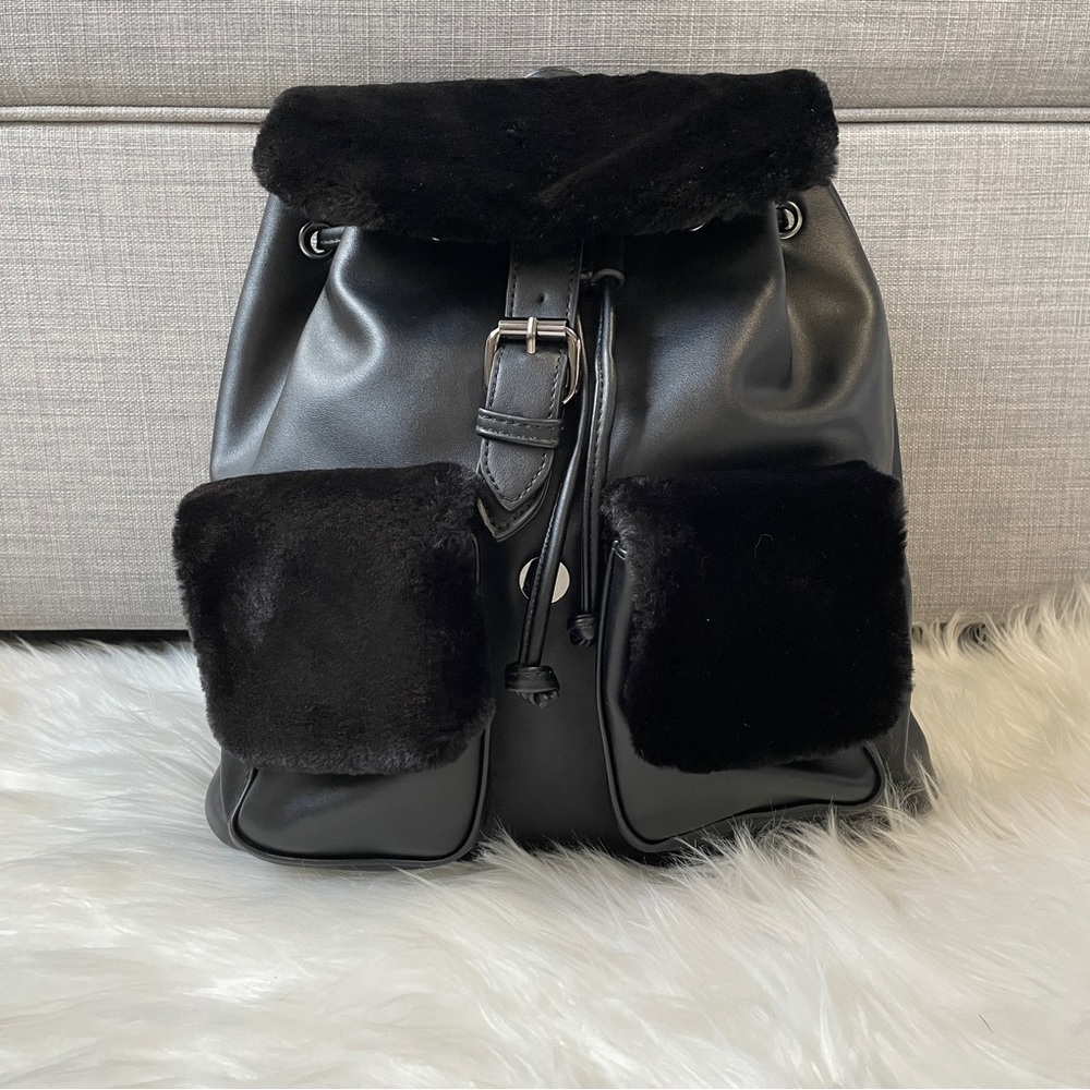 Black Vegan Leather Faux Fur Fashion Backpack